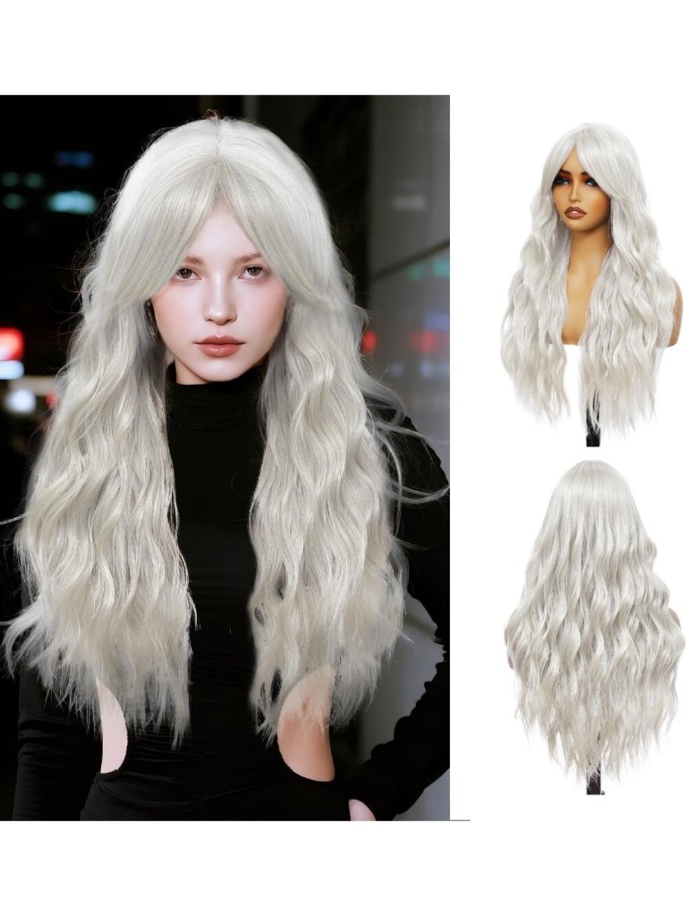 26" Long Gray Wavy Wig with Curtain Bangs - Heat Resistant Synthetic Hair for